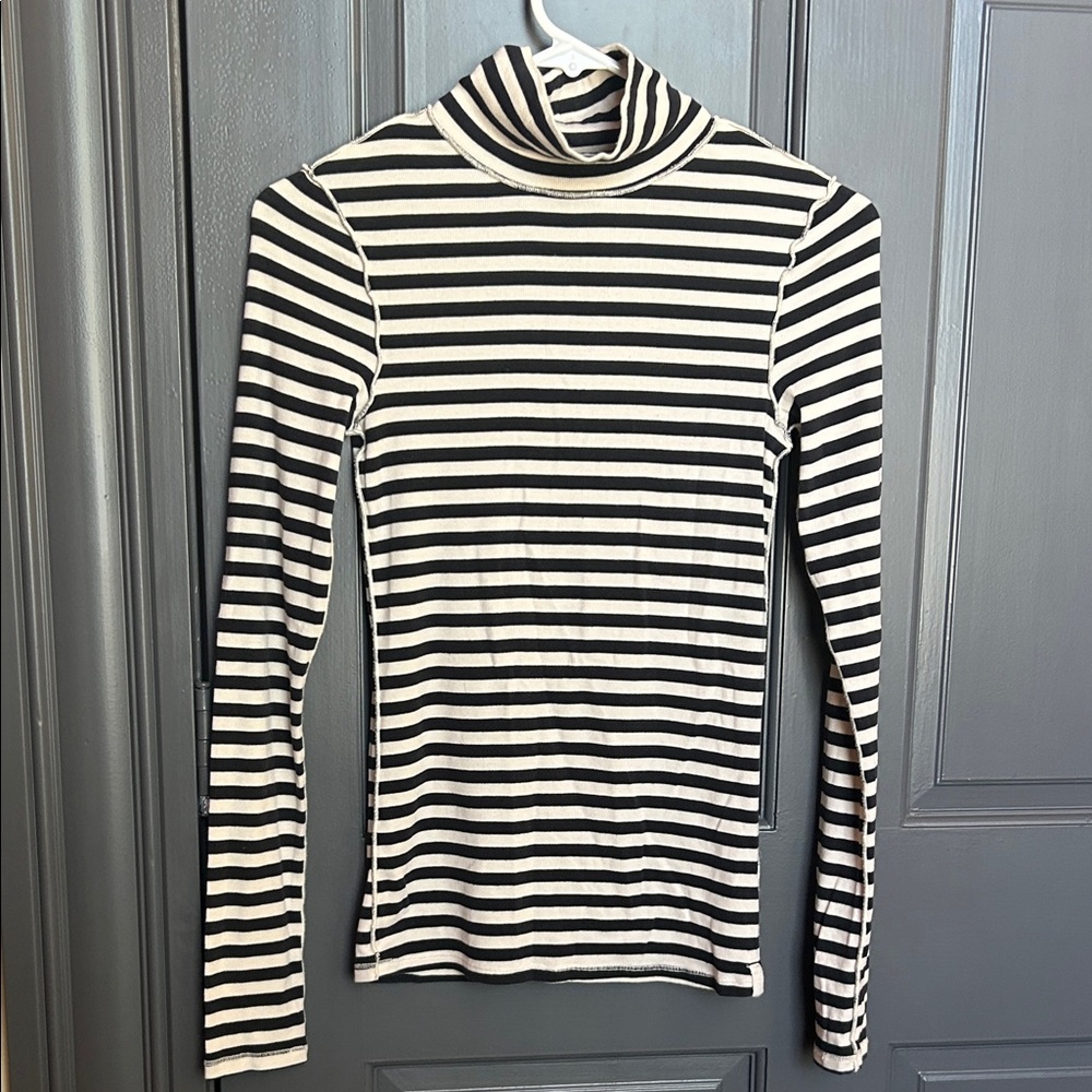 Free People Black & White Striped Turtleneck Long Sleeve Top